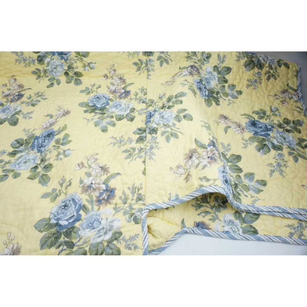 Laura Ashley Linley Quilt Set Standard Yellow Blue Floral Striped Reversible EUC